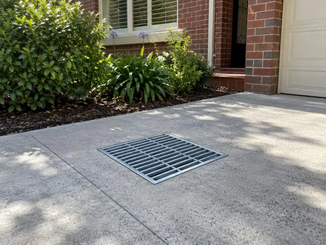 Concrete driveway with a metal drain grate beside a brick house and garden beds in Beverly Hills