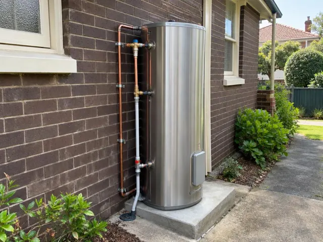 Outdoor hot water cylinder beside a brick house wall with copper pipework and concrete base in Beverly Hills
